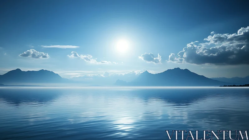 Sunlit mountain range reflected on calm blue lake surface