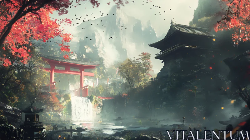 Crimson Torii Dreamfall above a Mist-Crowned Temple Pool.