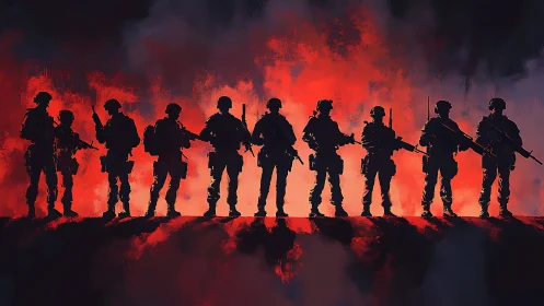 Silhouetted soldiers stand united before a burning horizon