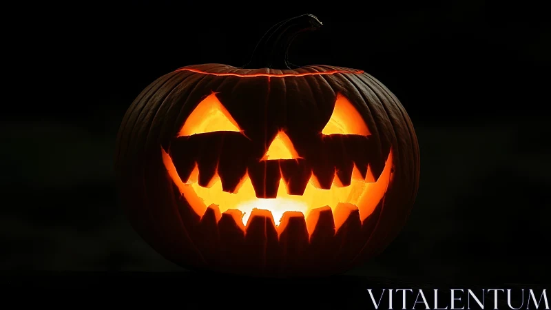 Grinning jack-o’-lantern glows with eerie Halloween light.
