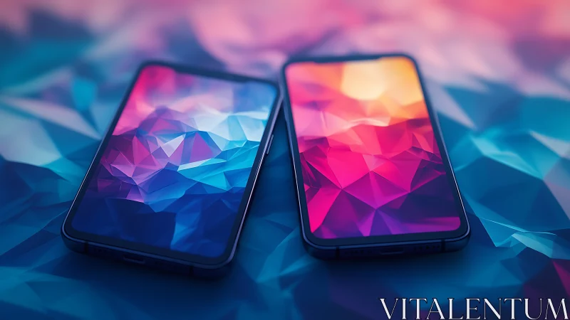 Dual smartphones with polygonal gradients on reflective surface