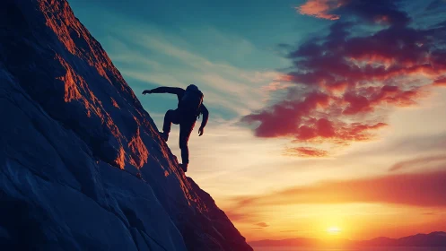 Sunrise cliff climber chasing fire along a painted horizon.