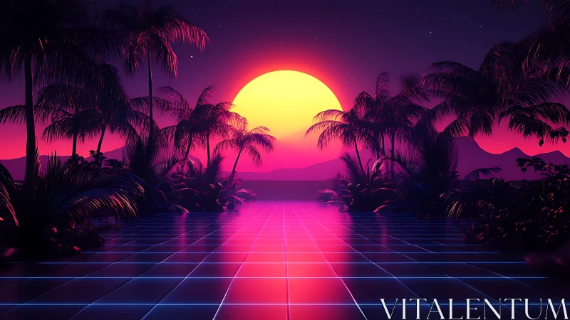 Neon sunset glows over a dreamy retro palm-lined shore