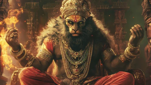 Lion-headed deity figure sits in ornate fiery temple setting