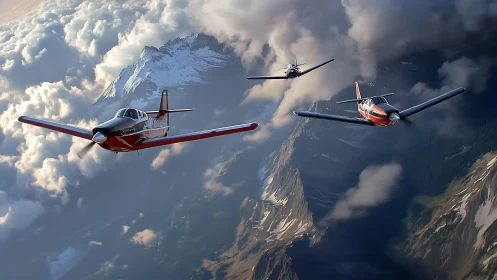 Friendly trio of red planes soaring above dramatic peaks.