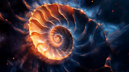 Glowing spiral shell form in deep blue abstract space.
