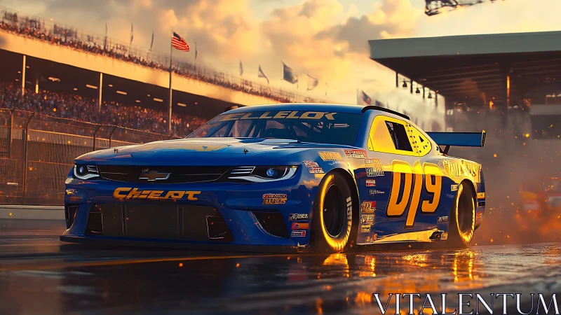 Blue stock car on wet racetrack at sunset under lights.