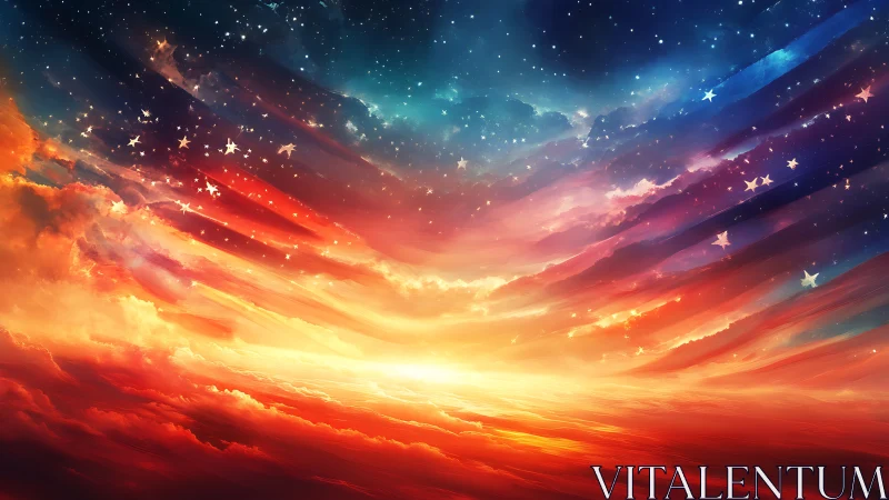 Vivid cosmic sky over glowing clouds at dramatic sunset.