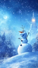Cheerful cartoon snowman celebrates a magical winter night