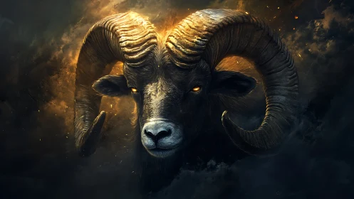 Ram head with glowing eyes in dark fiery clouds background.