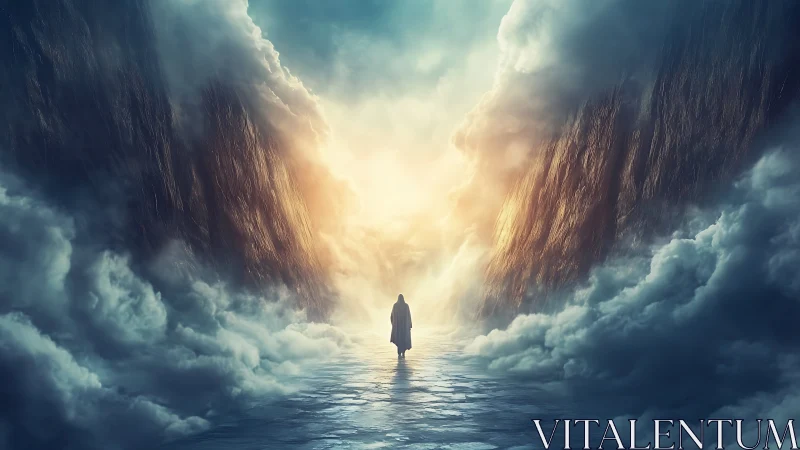 Luminescent parted sea corridor with cloaked solitary figure.