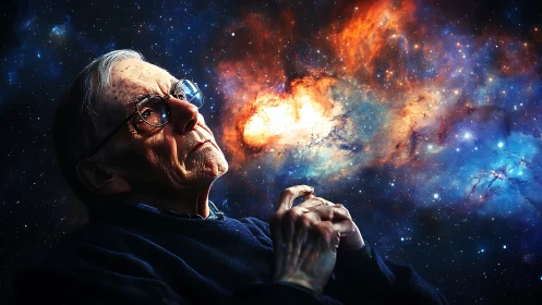 Elderly thinker rendered against a vividly chromatic nebula backdrop