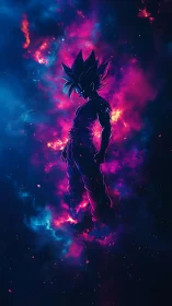 Stellar warrior silhouette adrift in neon galactic fire.