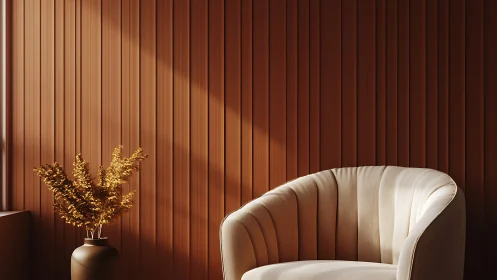 Curved upholstered armchair and vase against slatted wall.