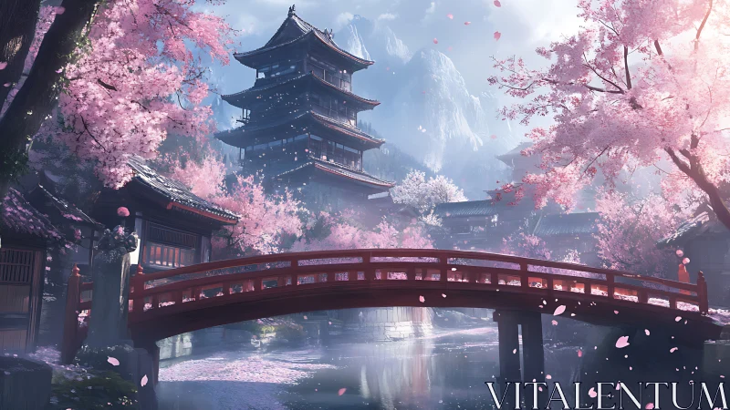 Cherry blossom bridge to misty pagoda dreams in spring.