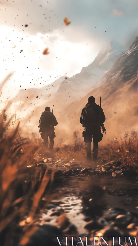 Soldiers advance through sunlit valley toward distant peaks