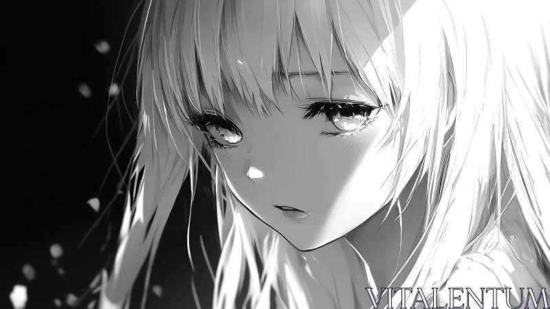 Girl with long hair stares downward in high contrast light