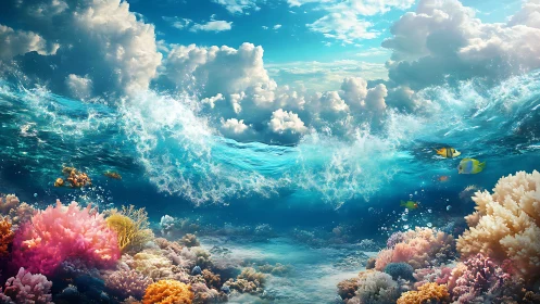 Coral daydreams beneath rolling waves and towering clouds.