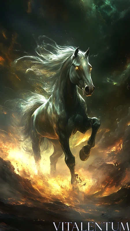 Spectral warhorse rearing from molten flames in storm haze