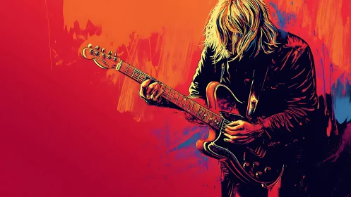 Electric guitarist in stylized neon portrait composition.