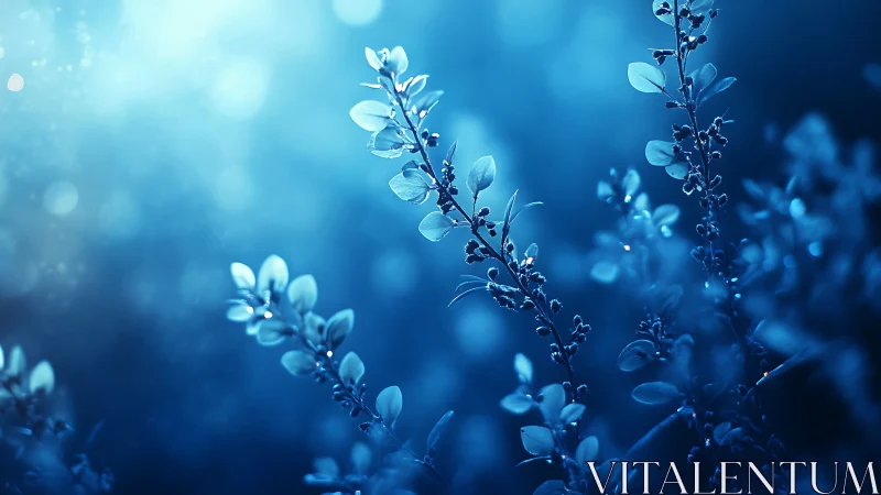 Macro bokeh study of blue-toned foliage in shallow depth.