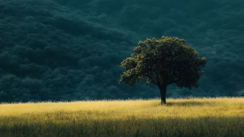 Lone sunlit tree stands quietly against deep forest backdrop