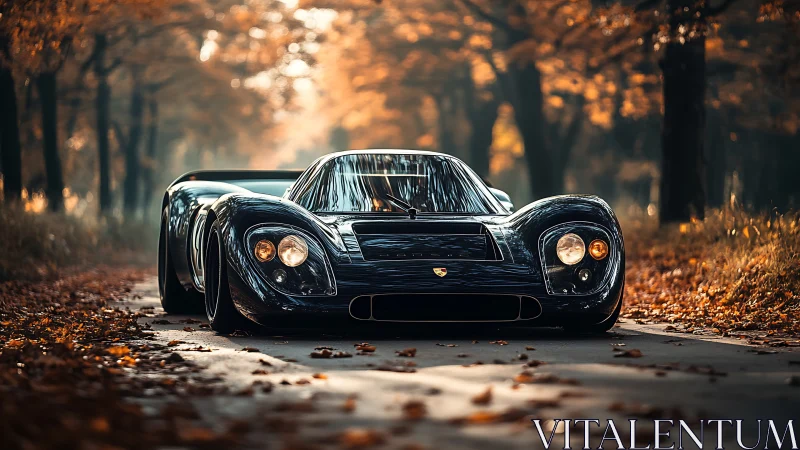 Low black sports car sits on leaf-covered forest road