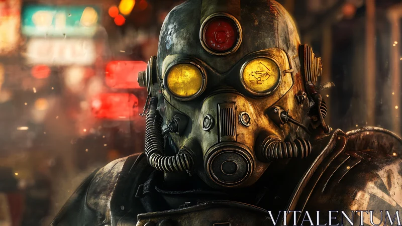 Rust-scarred gas mask trooper in neon-soaked dystopia.