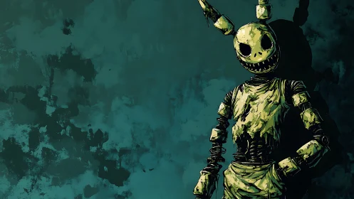 Grinning rabbit automaton resting in a moody teal corner.