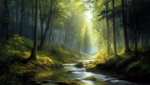 Forest Stream with Golden Sunlight Through Canopy.