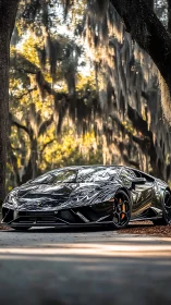Black supercar under Spanish moss in golden woodland light.