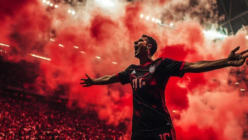 Stadium-wide flare bloom framing triumphant football forward.