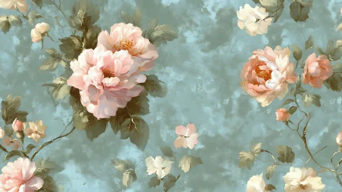 Pastel peony cluster on textured teal atmospheric ground.
