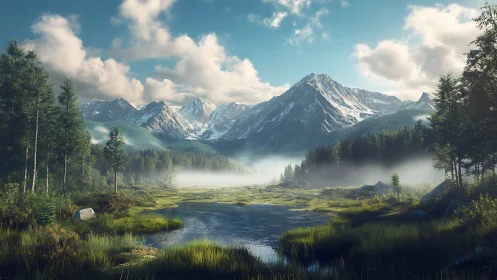 Sunlit alpine valley with misty forest and clear lake panorama.