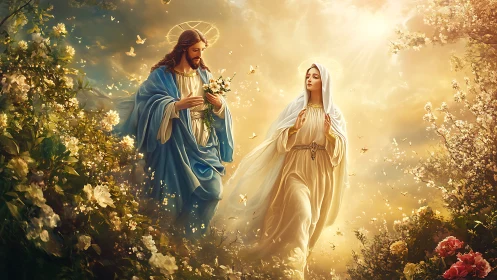 Heavenlit garden walk of sacred companions in golden bloom.