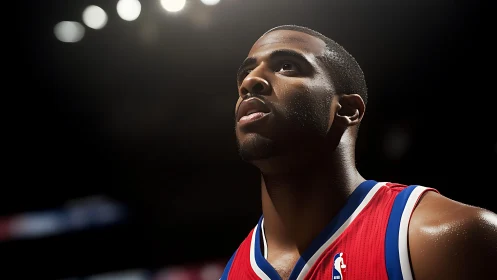 Focused basketball player gazes upward under bright arena lights