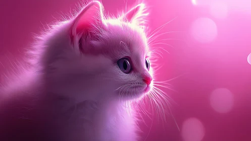 Enchanted kitten glowing in vibrant pink light.