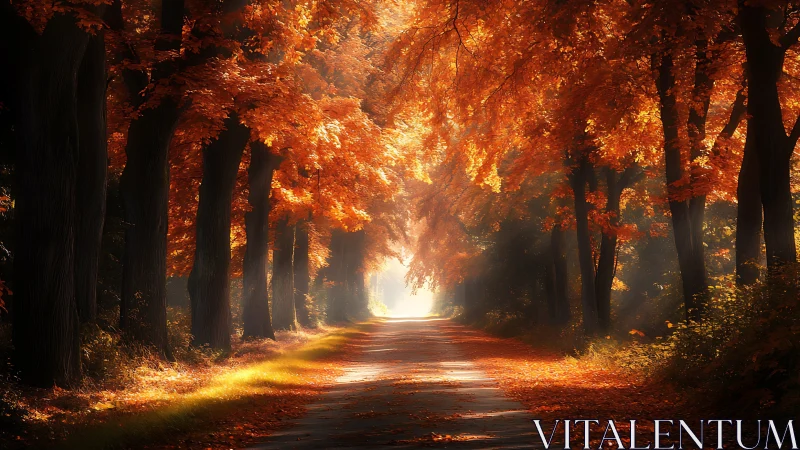 Forest Road Through Autumn Canopy with Backlighting