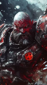 Battle-scarred warlord in crimson heavy armor, digital painting.