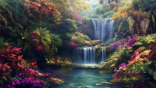 Layered tropical waterfalls framed by dense chromatic foliage
