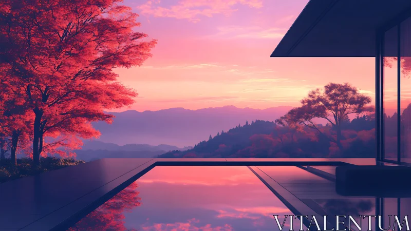 Modern glass villa with infinity pool at magenta sunset