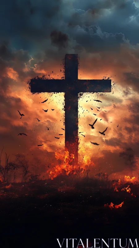 Fiery cross rises against stormy twilight sky in stark contrast