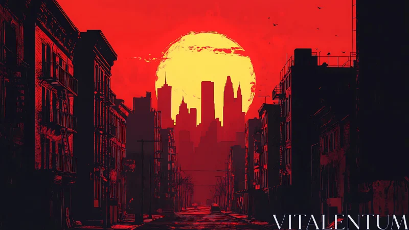 Sunset-soaked city street glowing with bold red warmth.