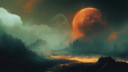 Molten moonrise above a haunted volcanic dreamscape.