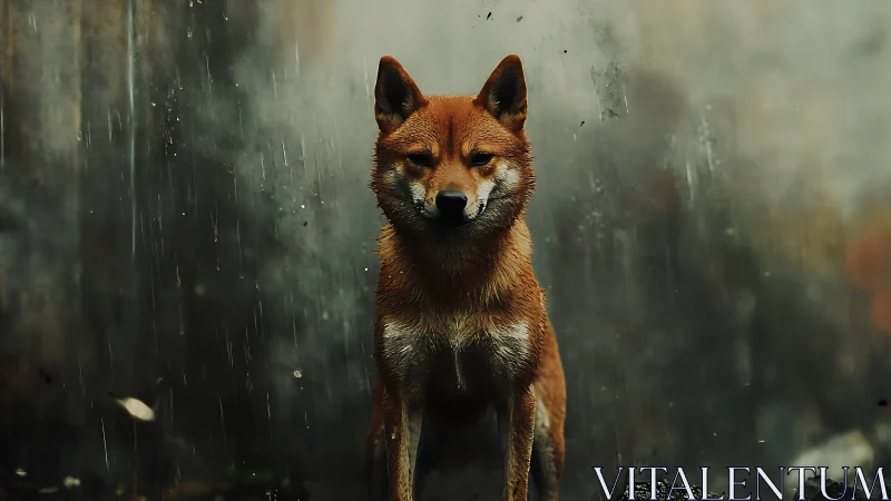 Wet Shiba dog standing alone in dramatic rainfall scene.