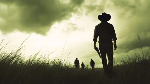 Backlit cowboy silhouettes advance through tall grass under storm
