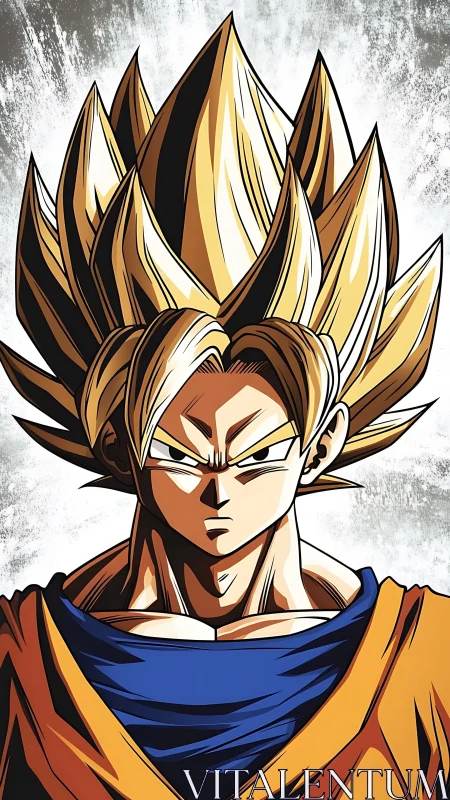 Golden haired anime warrior stands with intense forward stare