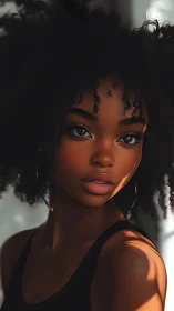 Soft light lingers on a thoughtful girl with natural curls