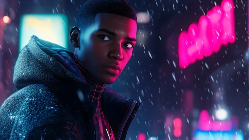 Neon city snowfall wraps a young hero in quiet resolve