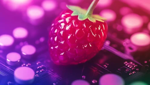 Neon raspberry rests on glowing futuristic circuit board